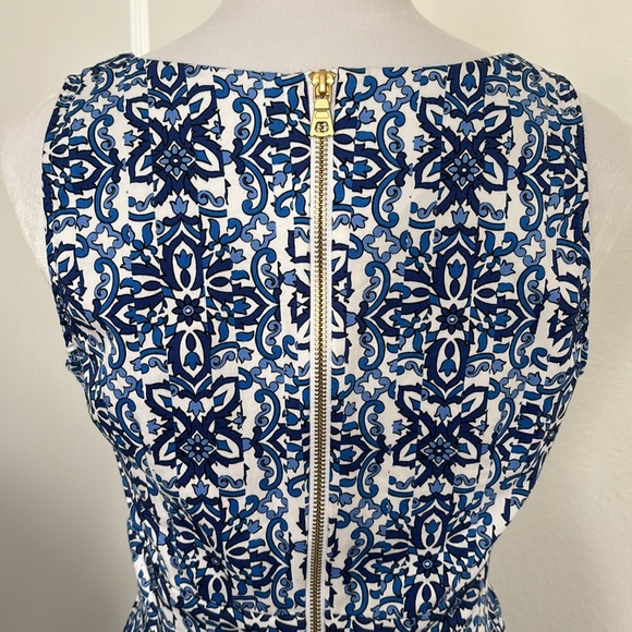 MILLY Dress Design Nation Blue White Mosaic Mallorca Tile Print Fit Flare Size 4 - Picture 6 of 8